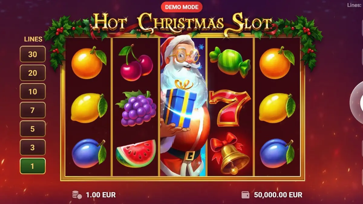 Tampilan visual mesin slot Hot Christmas dengan simbol buah klasik dan dekorasi liburan