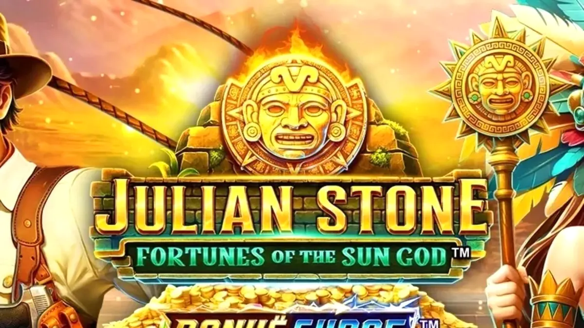 Pemandangan hutan Aztec yang rimbun dan kuil kuno di slot Julian Stone: Fortunes of the Sun God