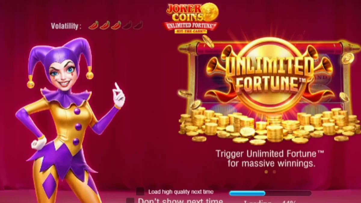 Tampilan visual slot Joker Coins Unlimited Fortune dengan tema neon sirkus